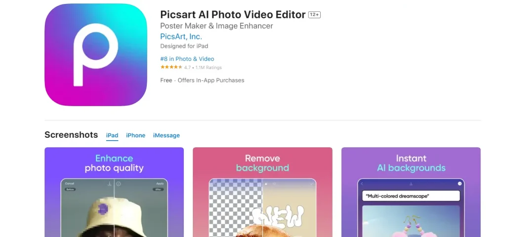 Screenshot to download Picsart for iOS